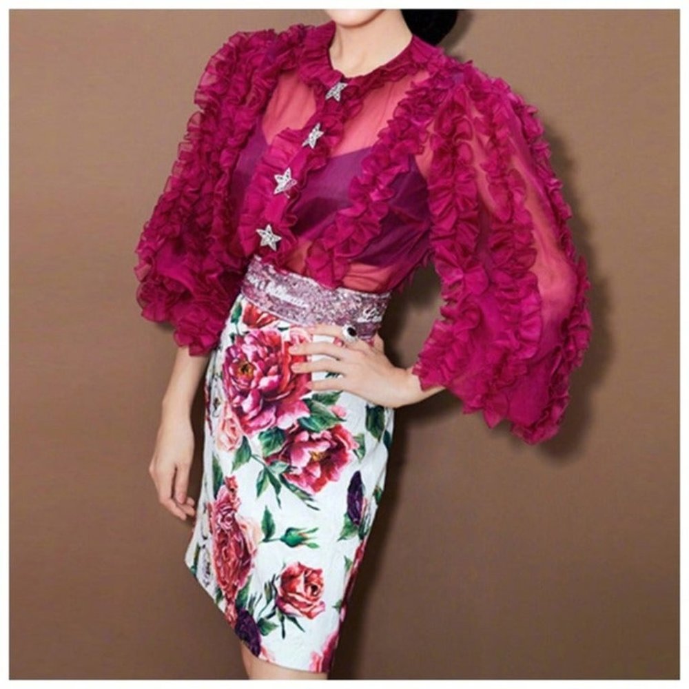 Sheer Fuchsia Ruffle Top Size Small